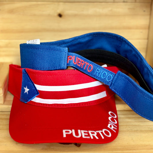 Visor with Puerto Rico flag design on a wooden surface